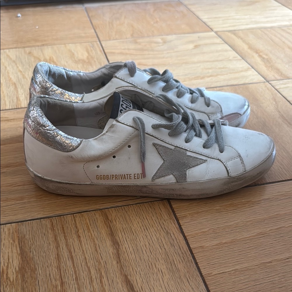 Golden Goose White and Silver Sneakers